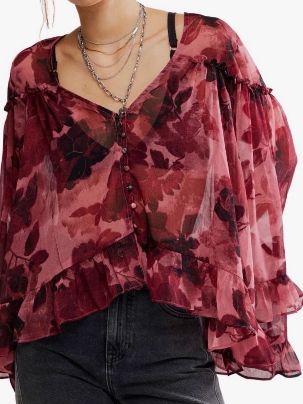 NWT Free People Day Dreaming Blouse Rose Combo Large Floral Ruffle Top